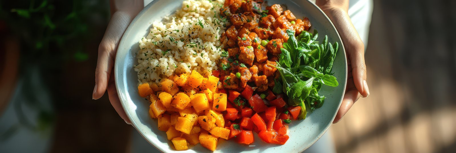 A person is holding a plate of food with rice, sweet potatoes, peppers, and greens